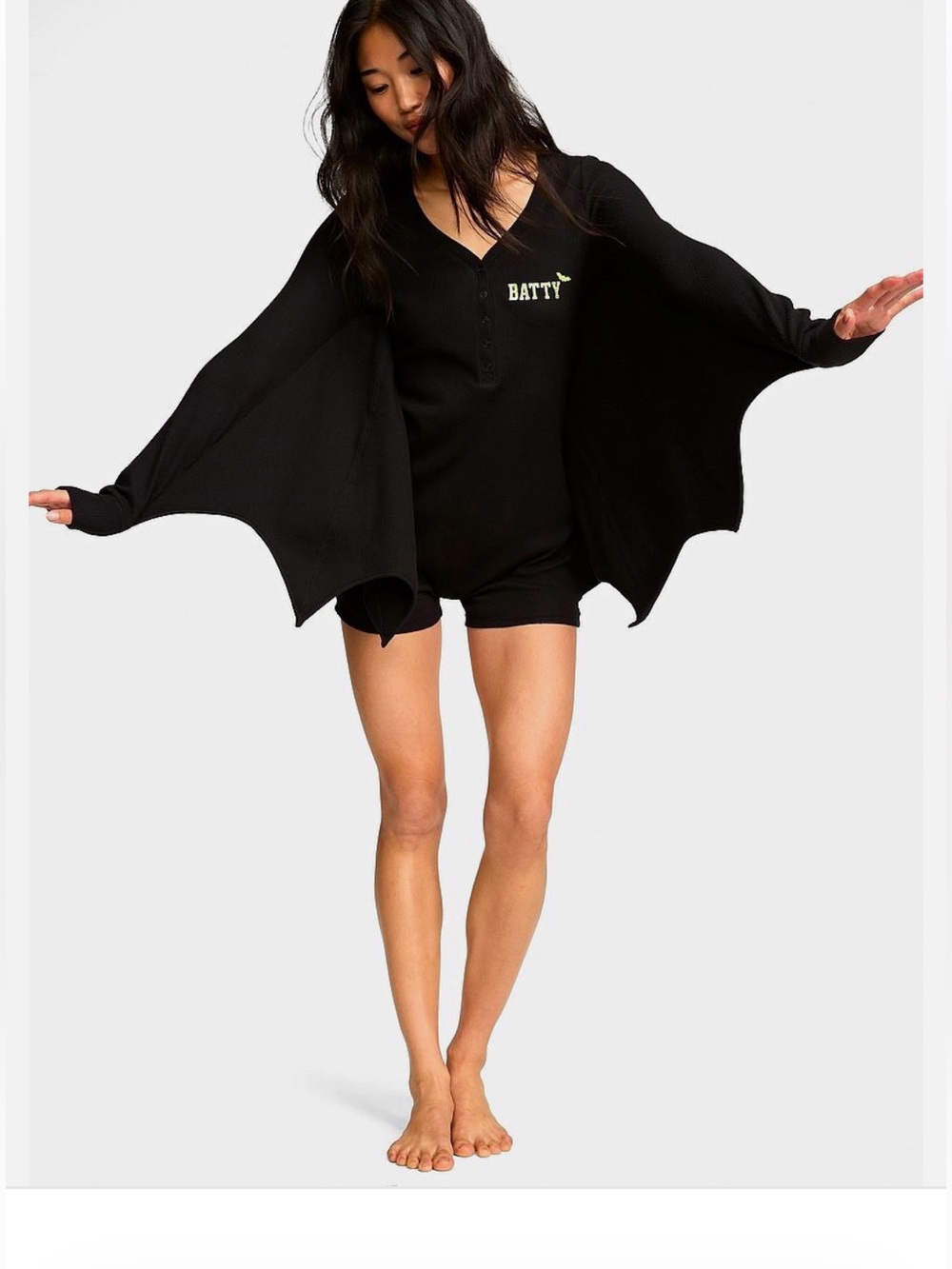 PINK Victoria’s Secret Black Waffle Thermal “Batty” Batwing Romper XL